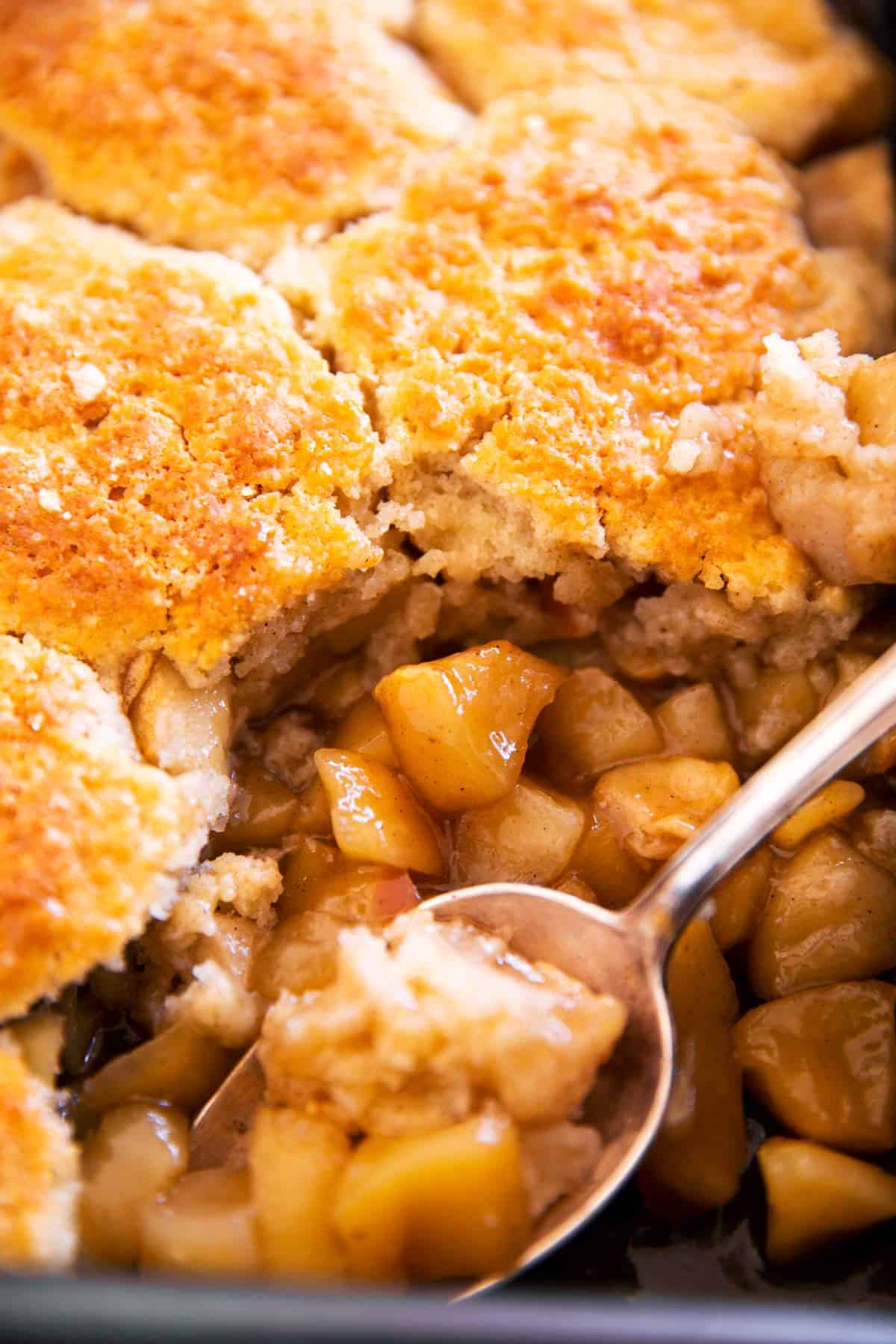 close up of apple cobbler in pan