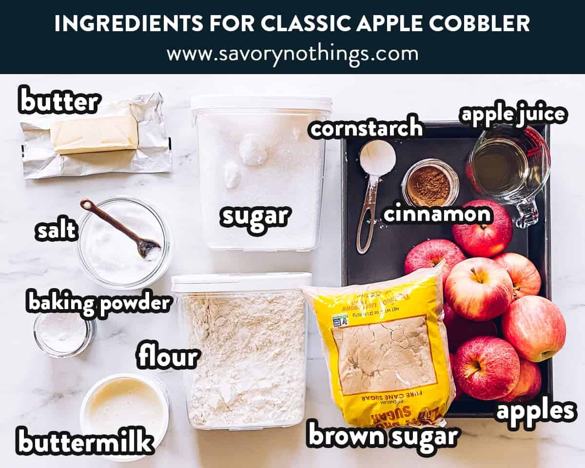 ingredients for apple cobbler with text labels