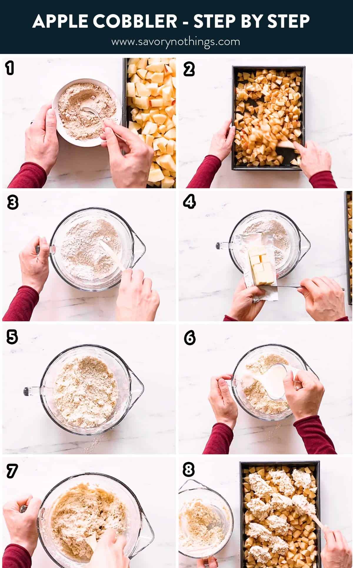 collage of steps to make apple cobbler