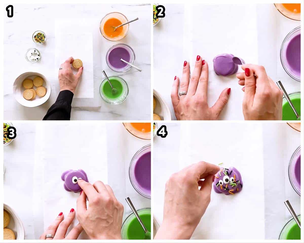 collage of steps to decorate Oreo cookies as monsters