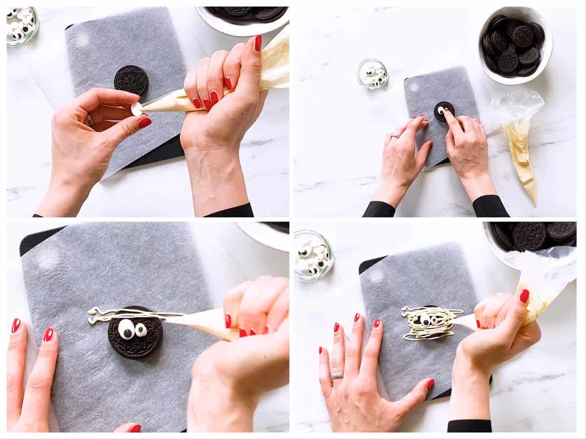 step by step collage of making mummy decorated Oreo cookies