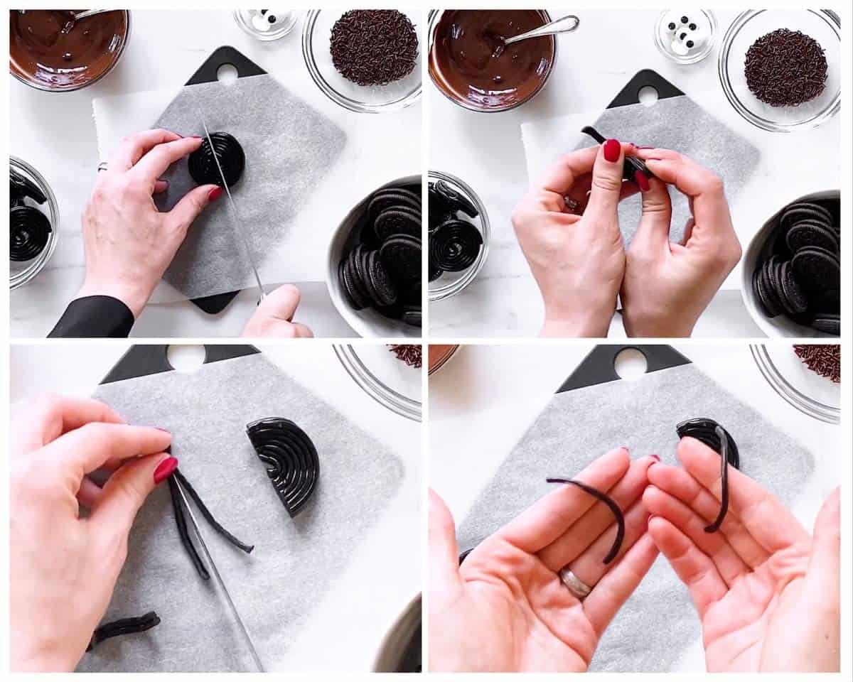 collage of steps to prepare liquorice to make Oreo Spiders