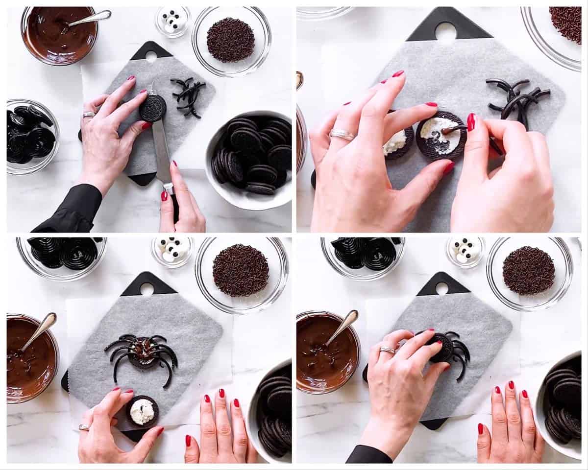 collage of steps to show how to add legs to Oreo cookies to make a spider