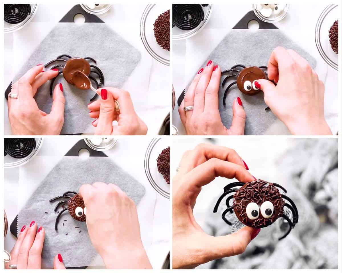 collage of steps of decorating Oreo cookies as spiders