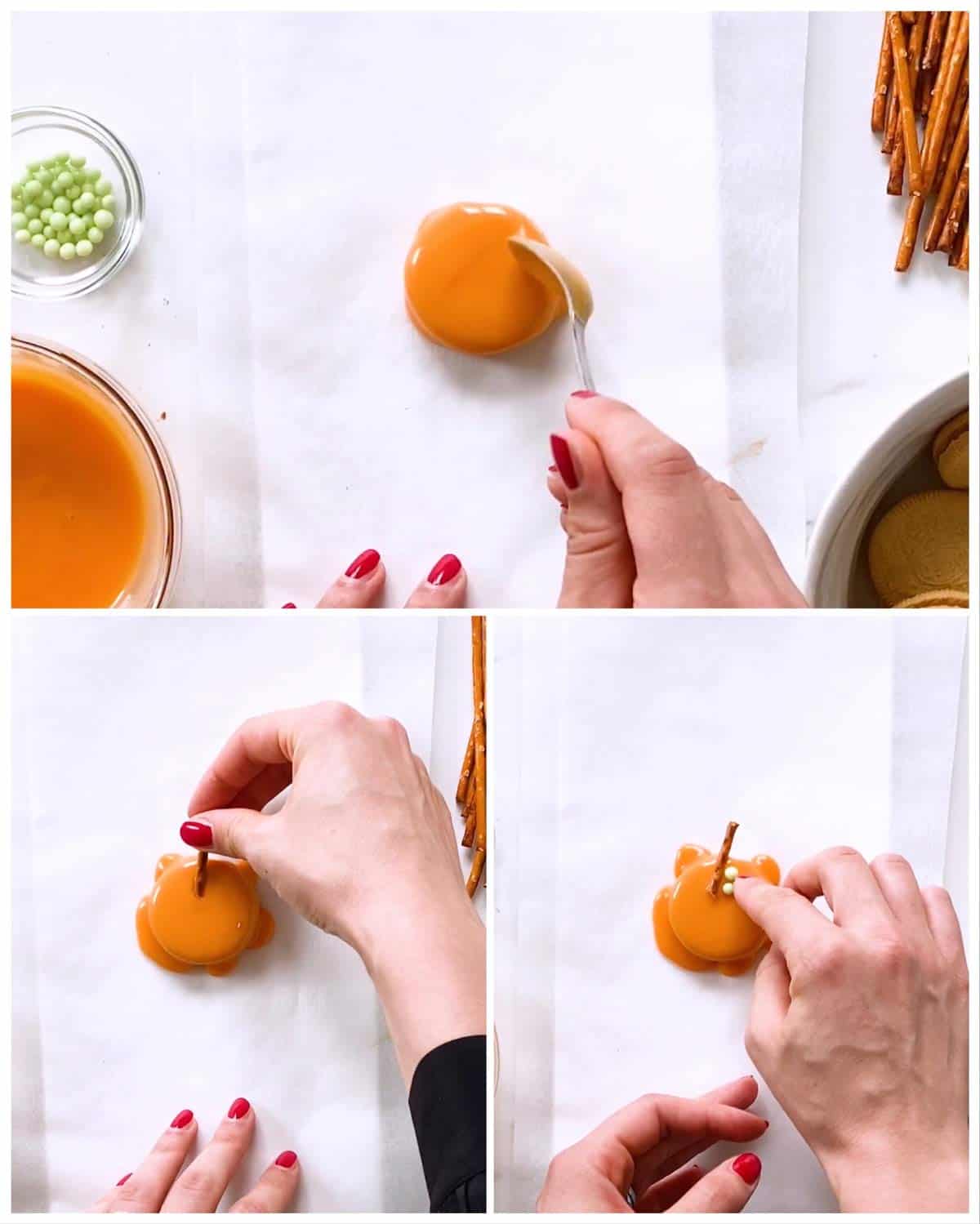 collage of steps to decorate Oreos like pumpkins