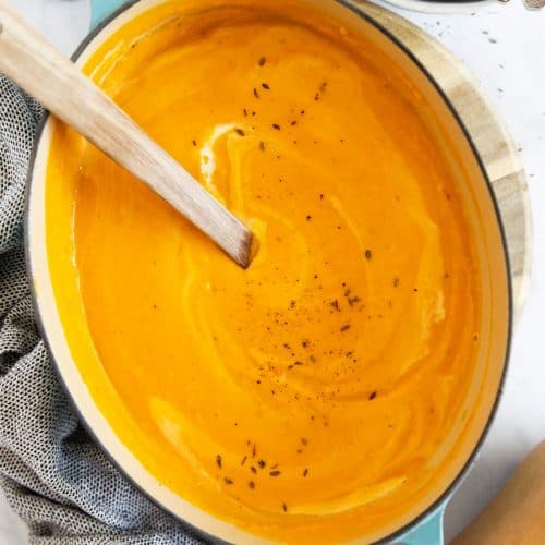 overhead view on pot with butternut squash soup