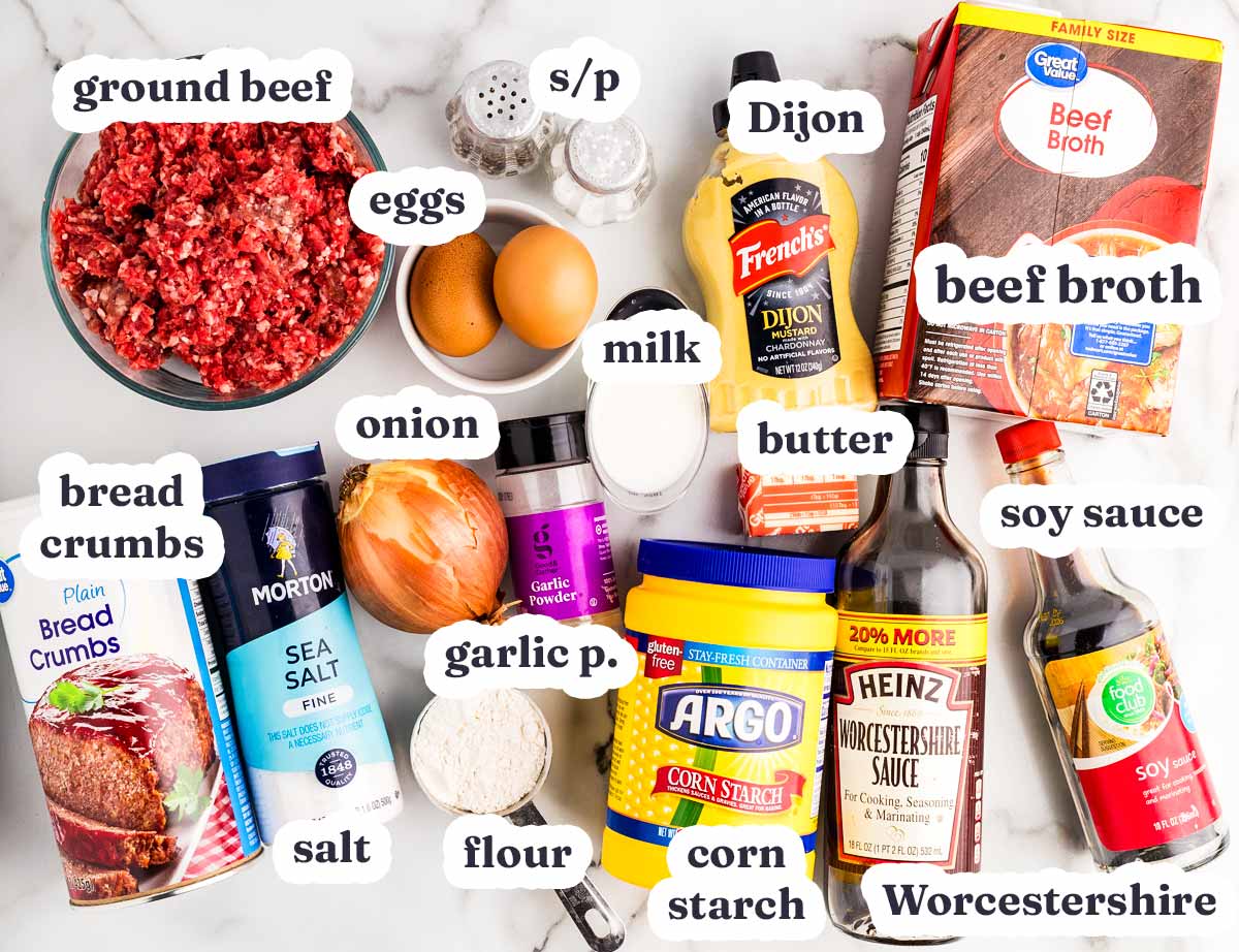 Meatballs and Gravy recipe ingredients with text labels.