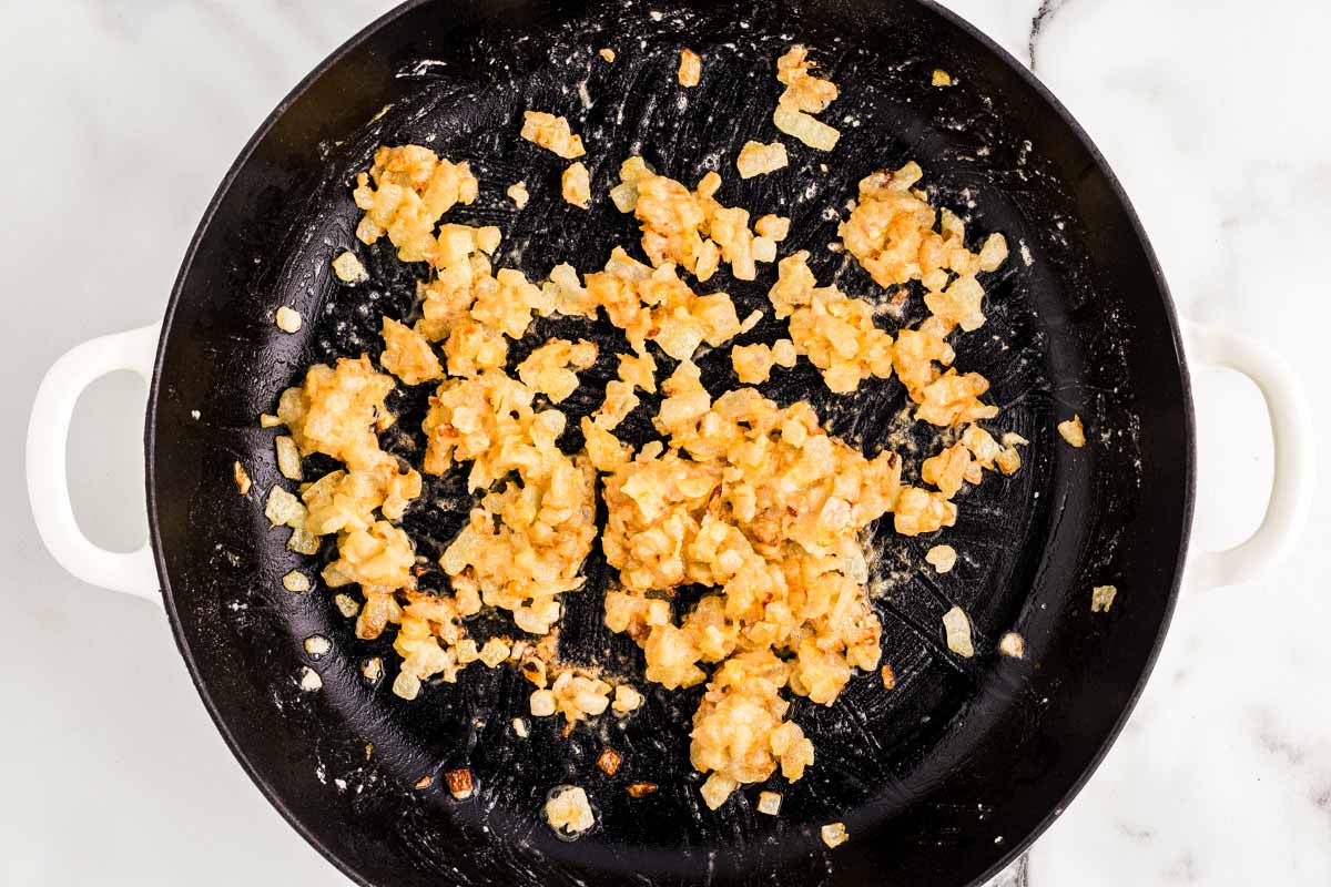 Roux with onion in skillet.