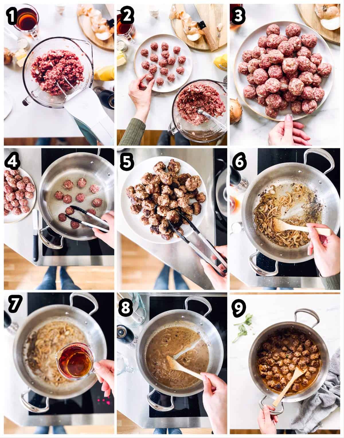 collage of steps to show how meatballs and gravy are made