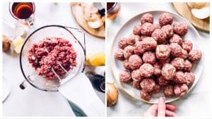 collage of images to show shaping meatballs