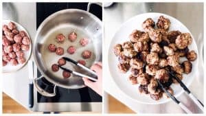 collage of images to show browning meatballs