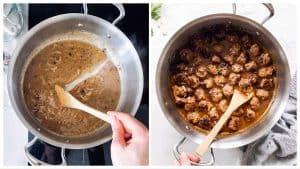 collage of images to show smothering meatballs in gravy