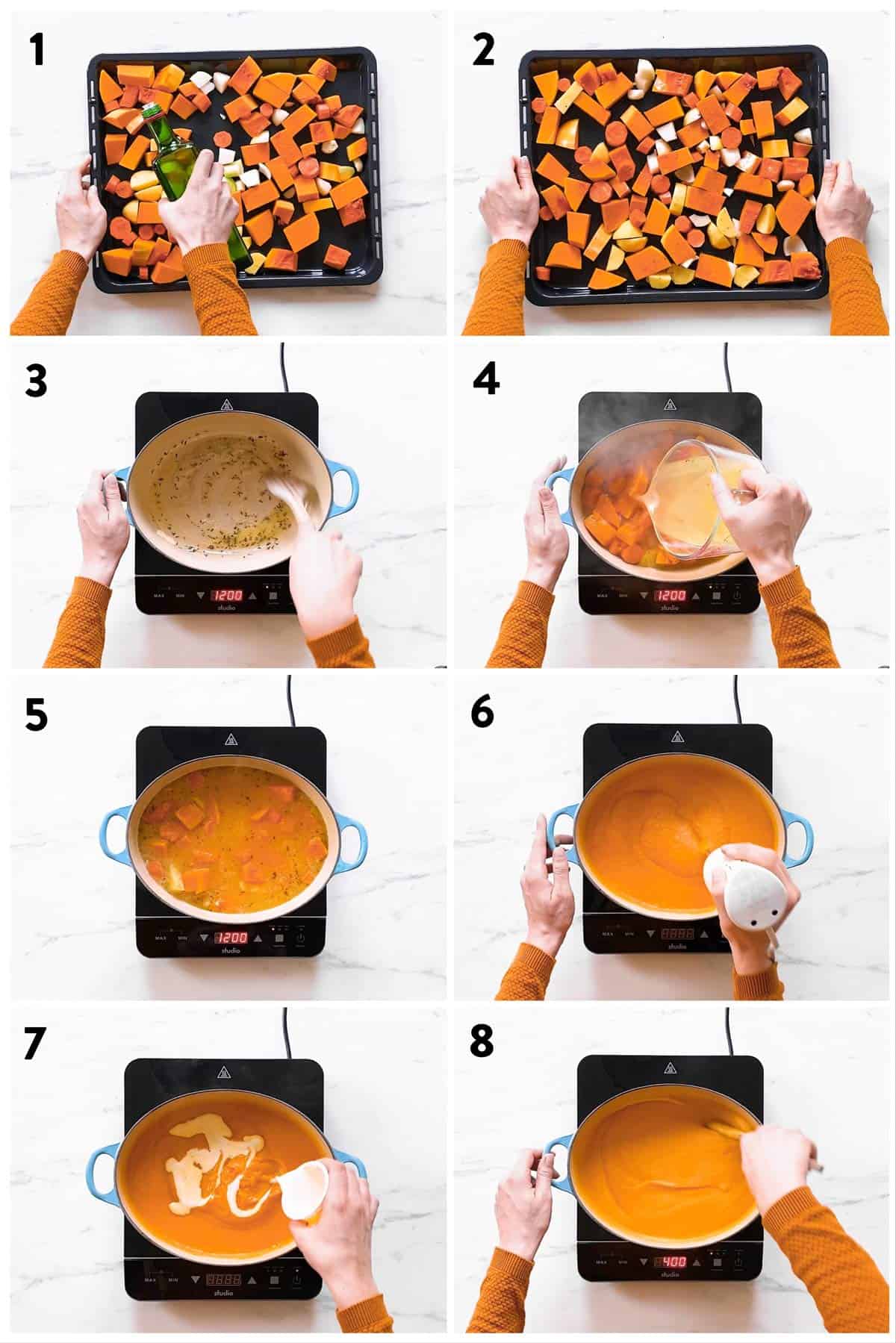 collage of steps to make butternut squash soup