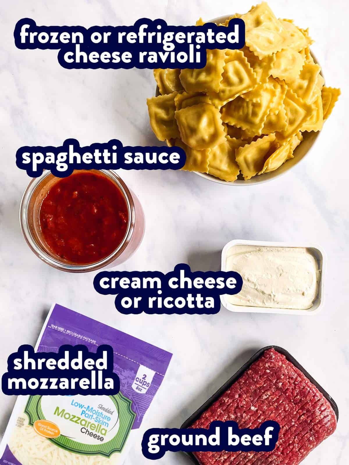 ingredients for baked ravioli with text labels