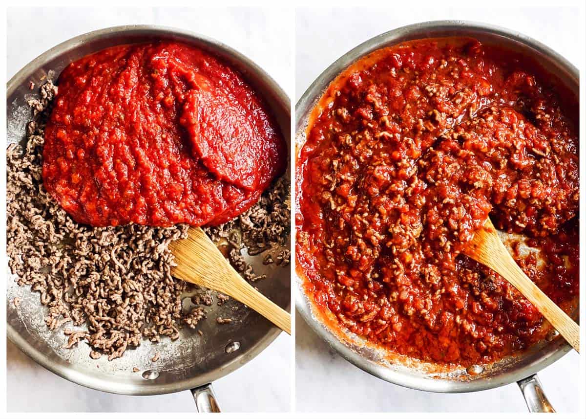 steps to show making sauce for baked ravioli