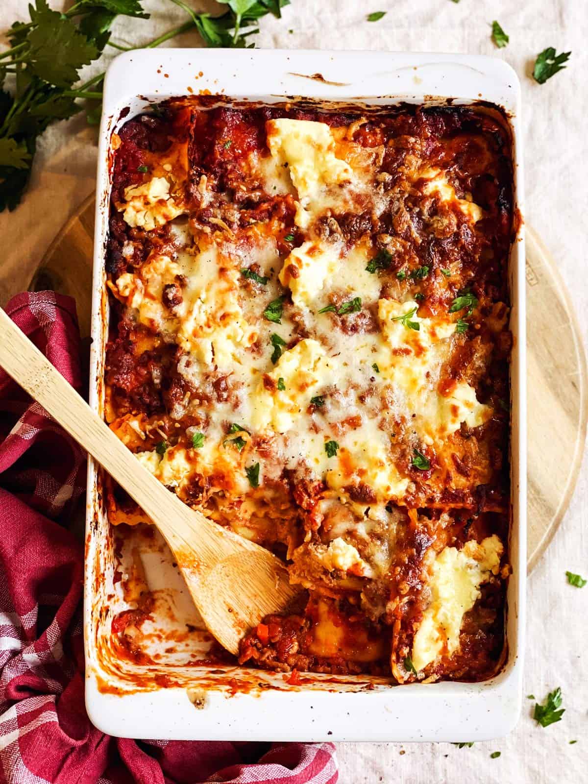 overhead view of casserole dish with baked ravioli