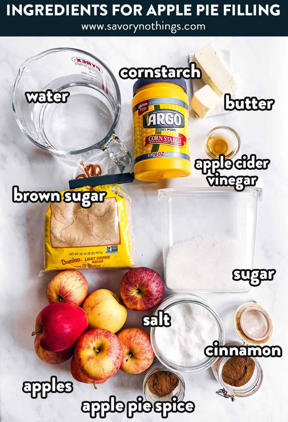 ingredients for homemade apple pie filling with text labels