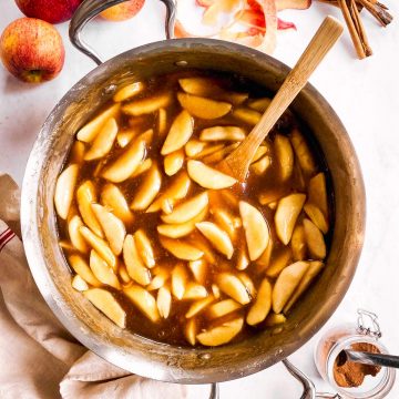 overhead view of skillet with apple filling