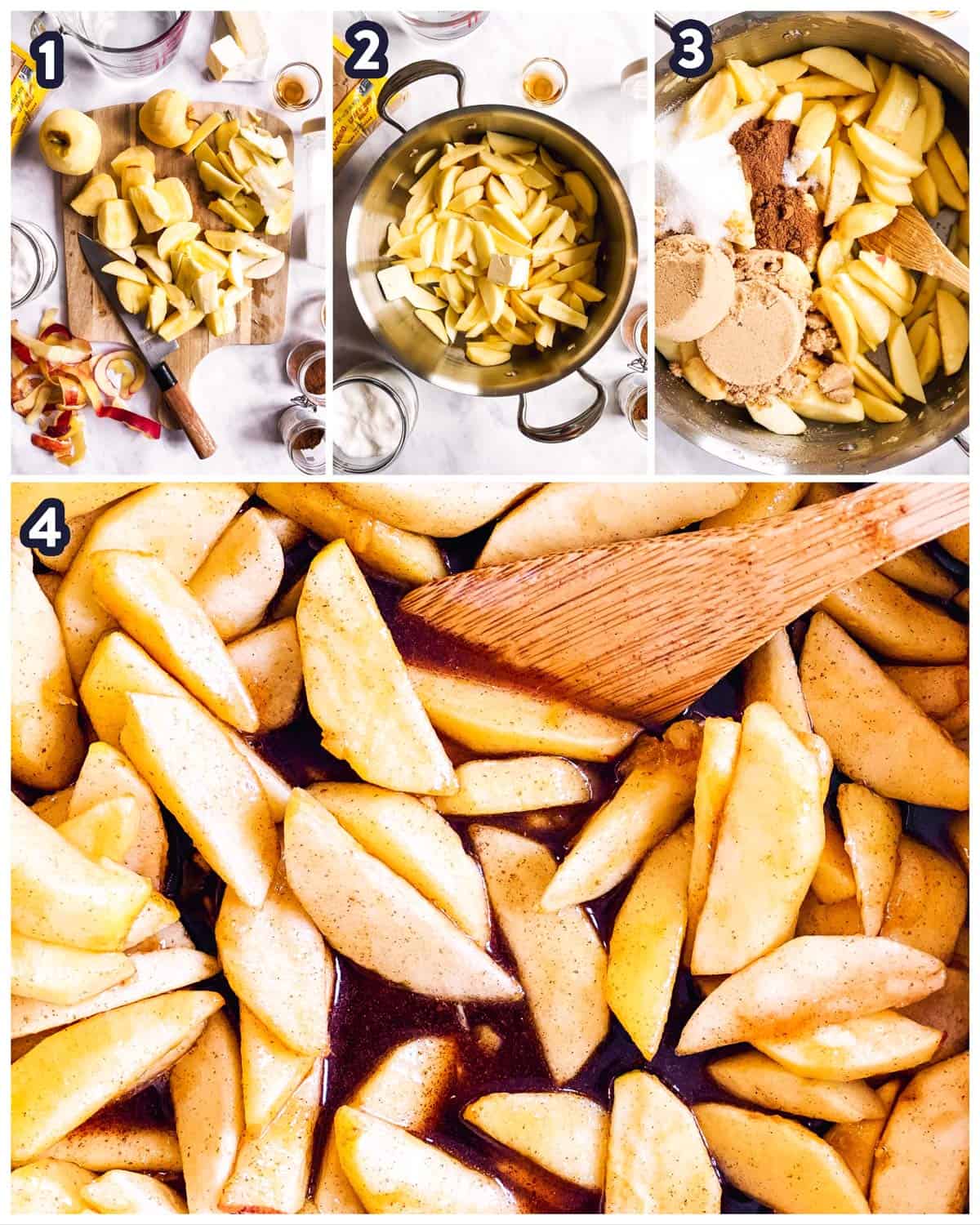 steps to show preparing and sautéing apples for apple pie filling
