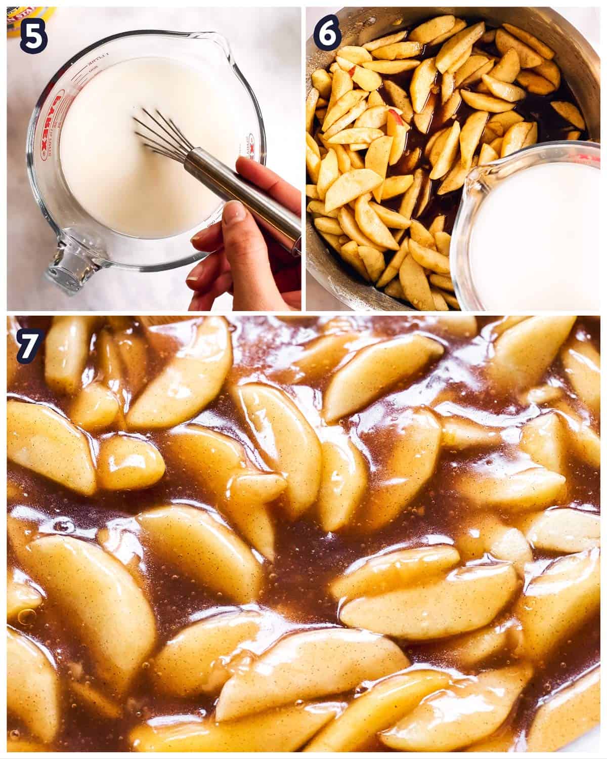 collage to show steps of thickening apple pie filling