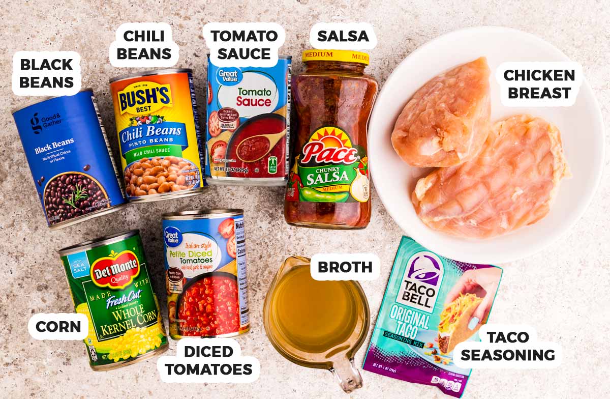 Ingredients for chicken taco soup with text labels.