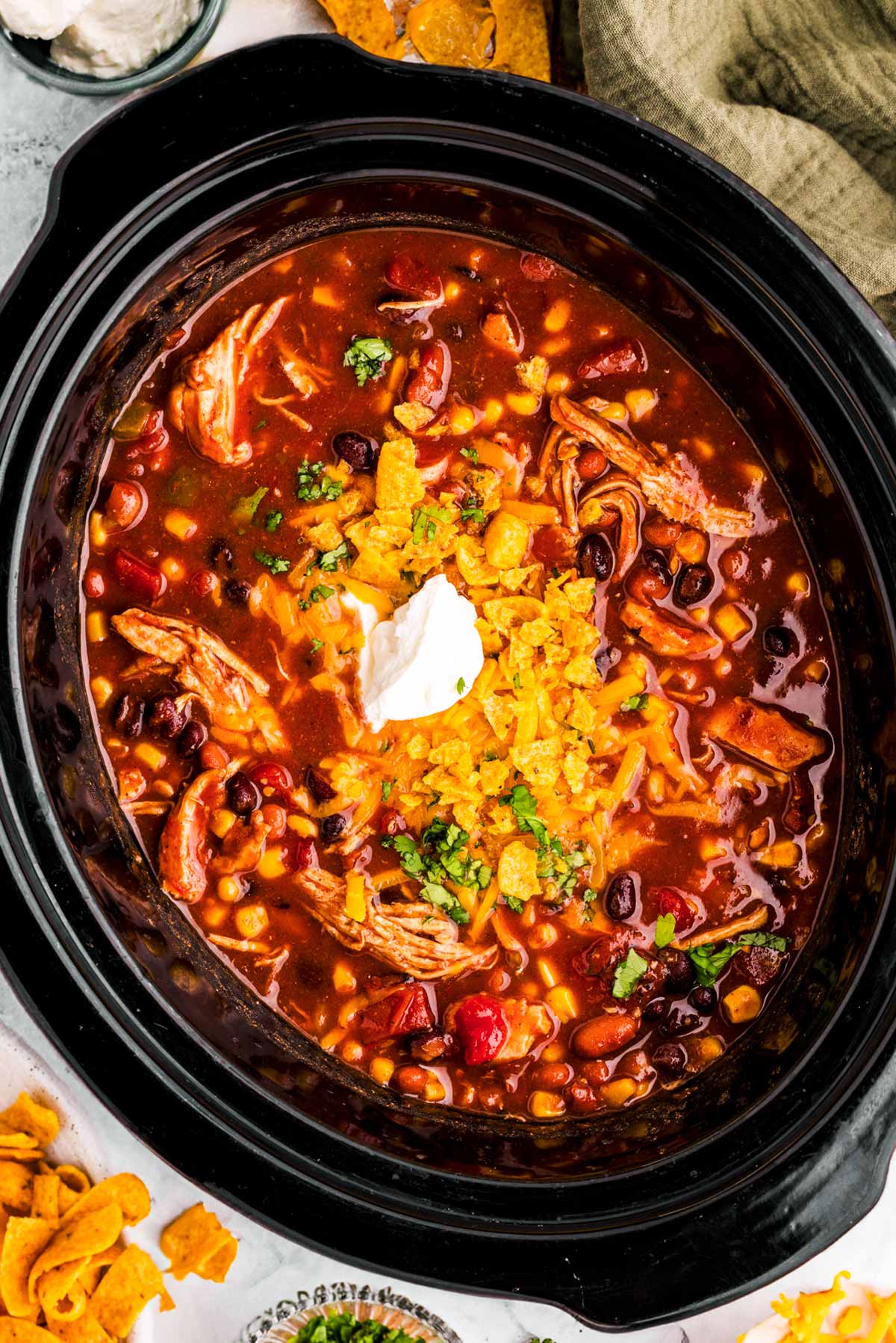 Chicken taco soup in the slow cooker.