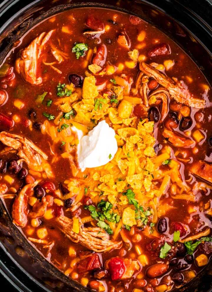 Chicken taco soup in the slow cooker.