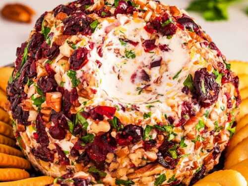 frontal view of cheeseball with crackers with a bite taken out