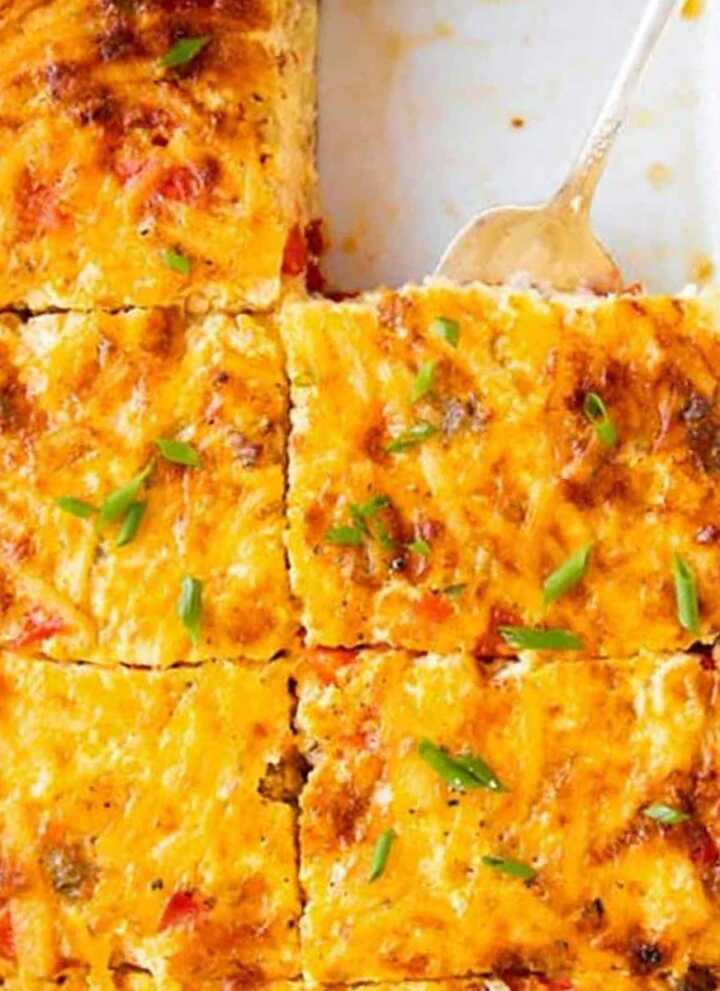 overhead close up view of hashbrown breakfast casserole cut into slices