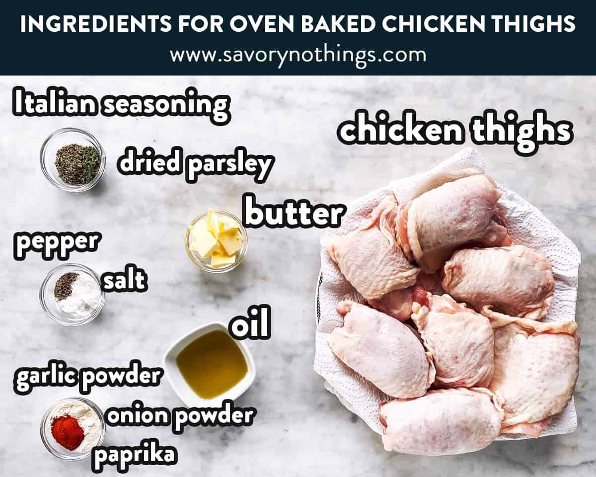 ingredients for oven baked chicken thighs with text labels