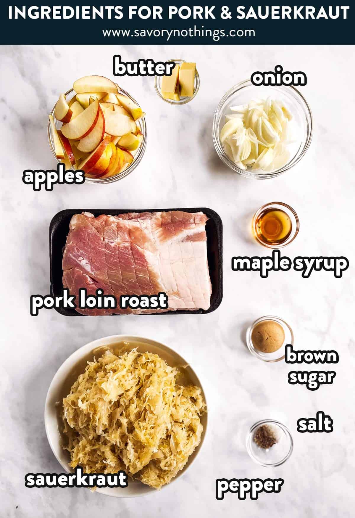 ingredients for pork and sauerkraut with text labels