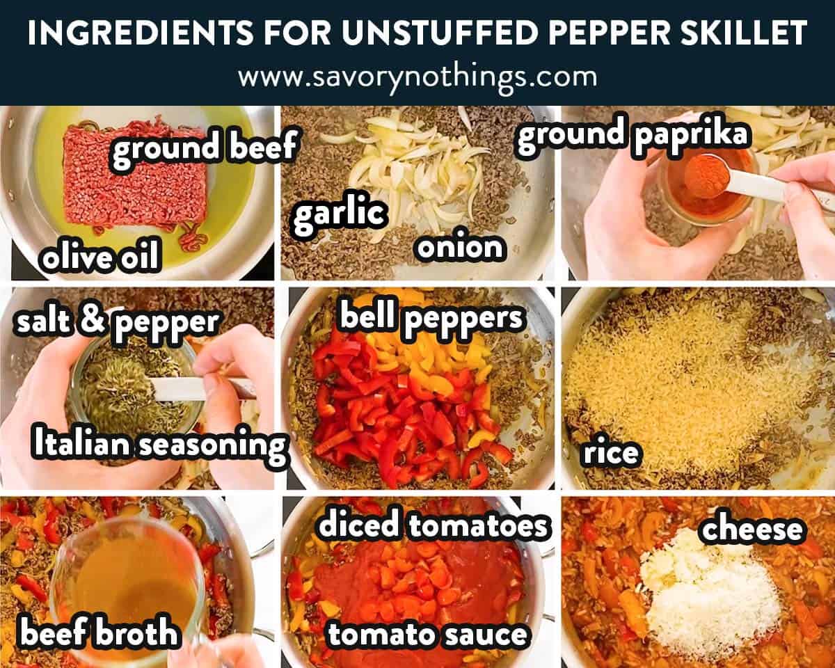 ingredients for unstuffed peppers with text labels