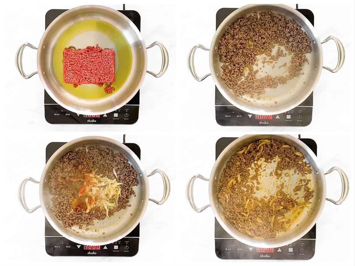 photo collage to show how to brown beef and onions in a skillet