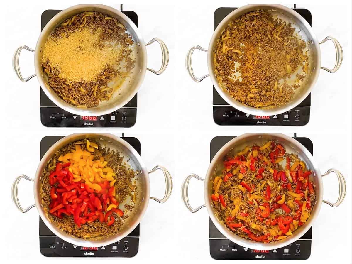 photo collage to show how to stir rice and peppers into ground beef skillet