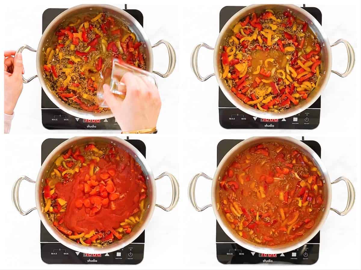 photo collage to show how to stir broth and tomato sauce into unstuffed pepper skillet