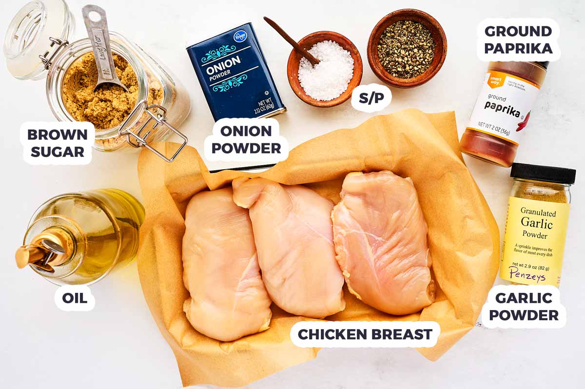 Air Fryer Chicken Breast ingredients with text labels.