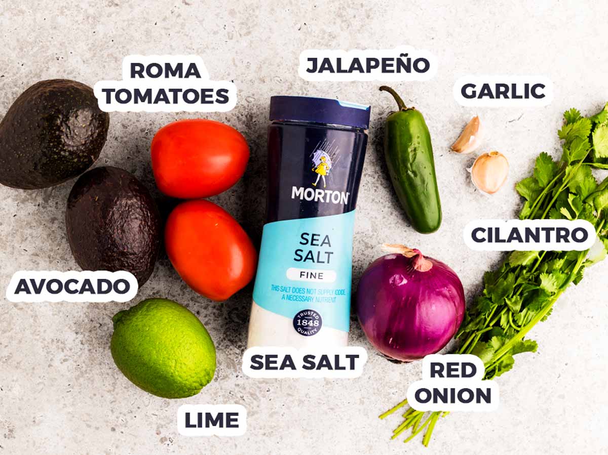 Ingredients for guacamole with text labels.