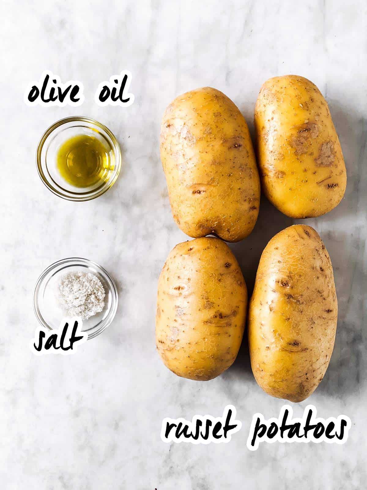 ingredients for air fryer baked potatoes with text labels