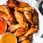 overhead view of bowl with air fryer chicken wings