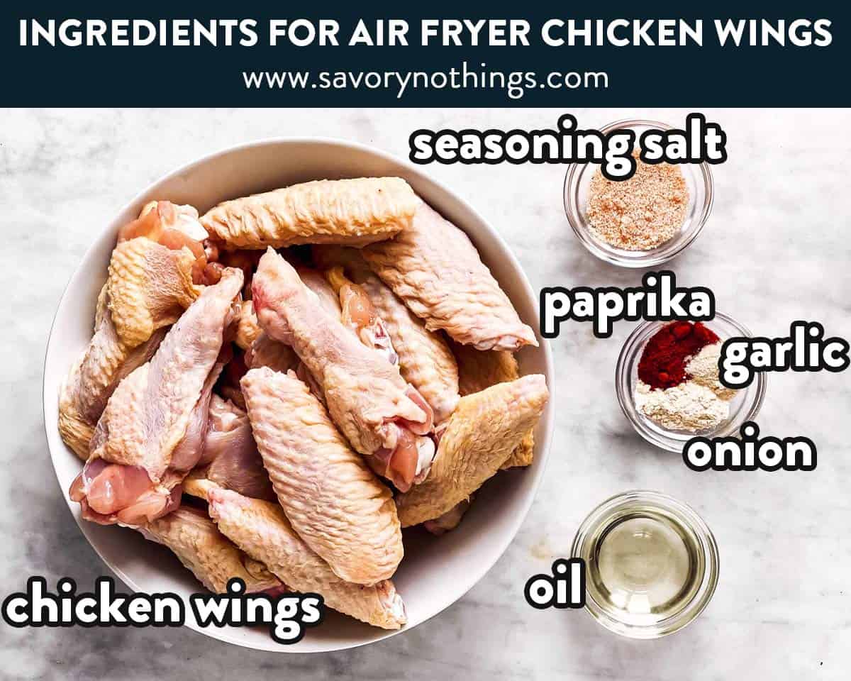 ingredients for air fryer chicken wings with text labels