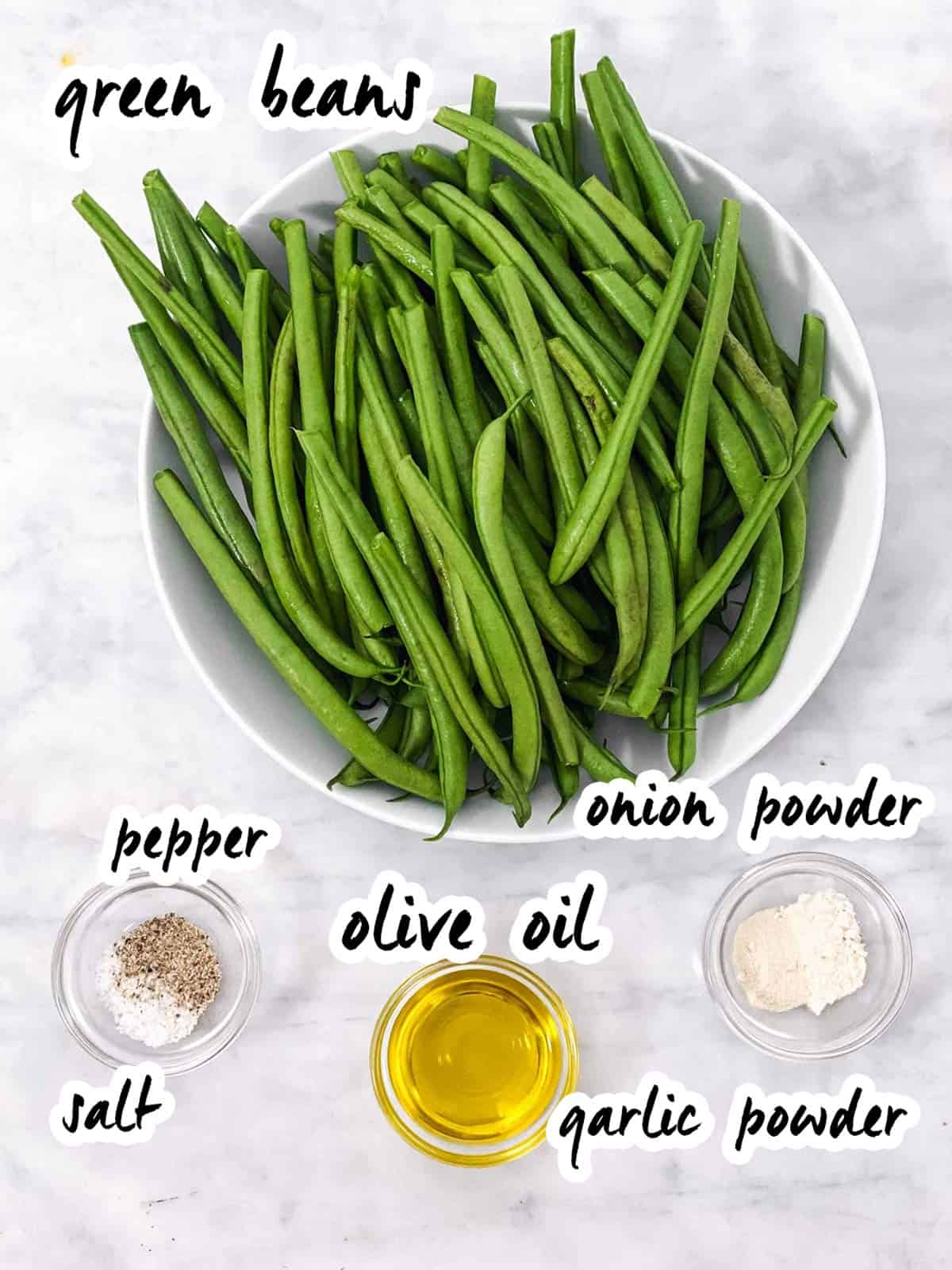 ingredients for air fried green beans with text labels