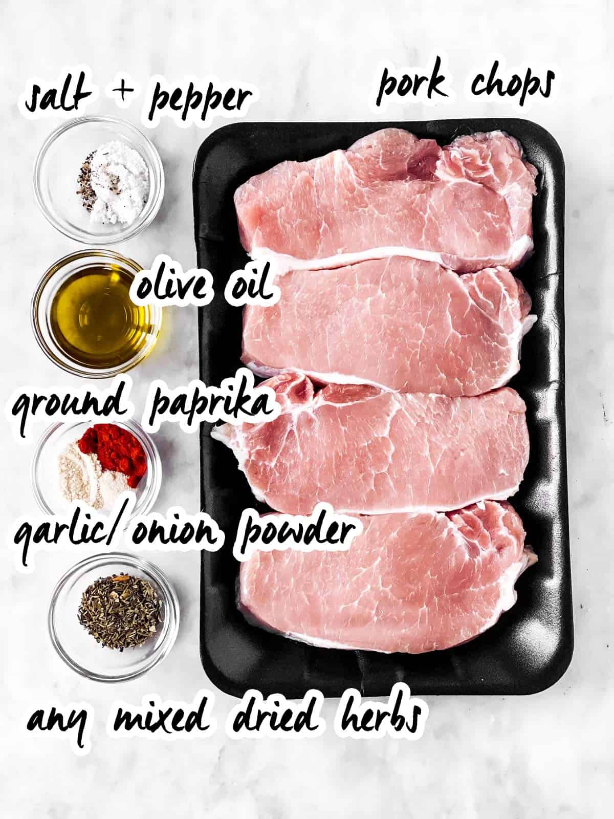 ingredients for air fryer pork chops with text labels
