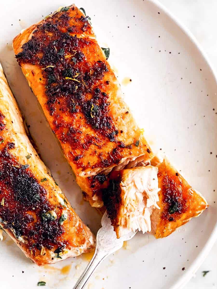 air fryer salmon on white plate