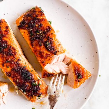 air fryer salmon on white plate