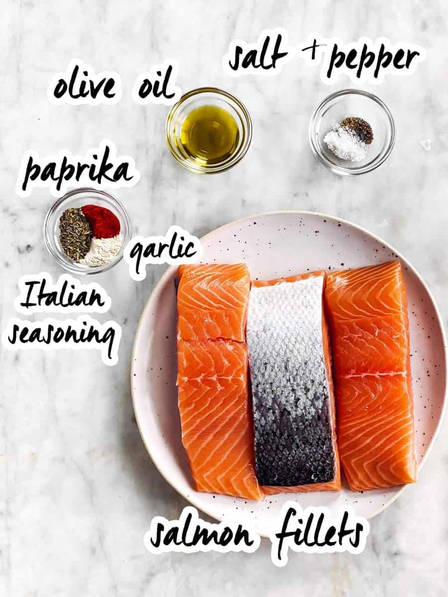 ingredients for air fryer salmon with text labels