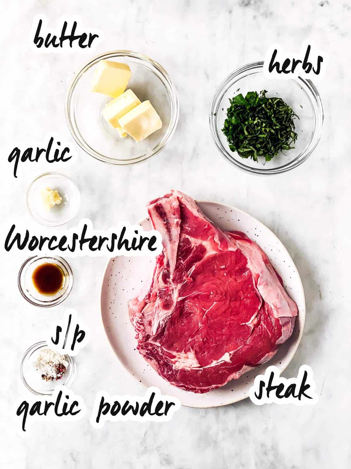 ingredients for air fryer steak with text labels