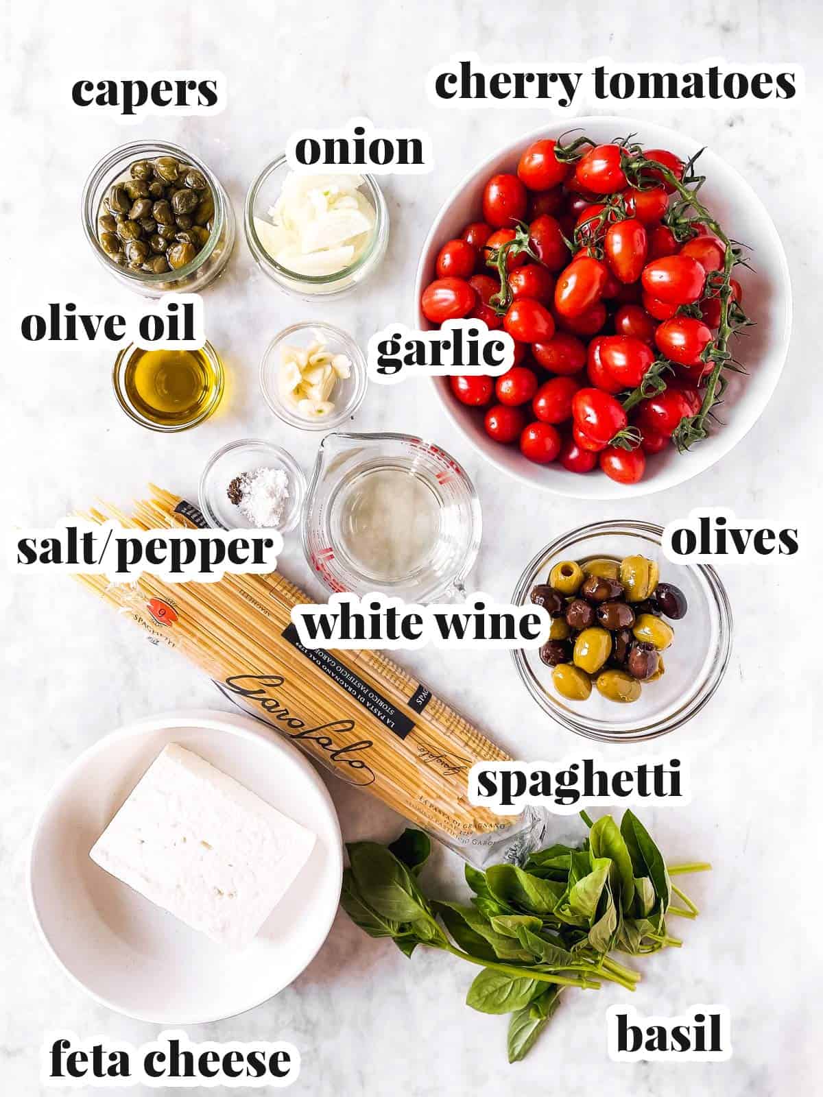 ingredients for baked Feta pasta with text labels