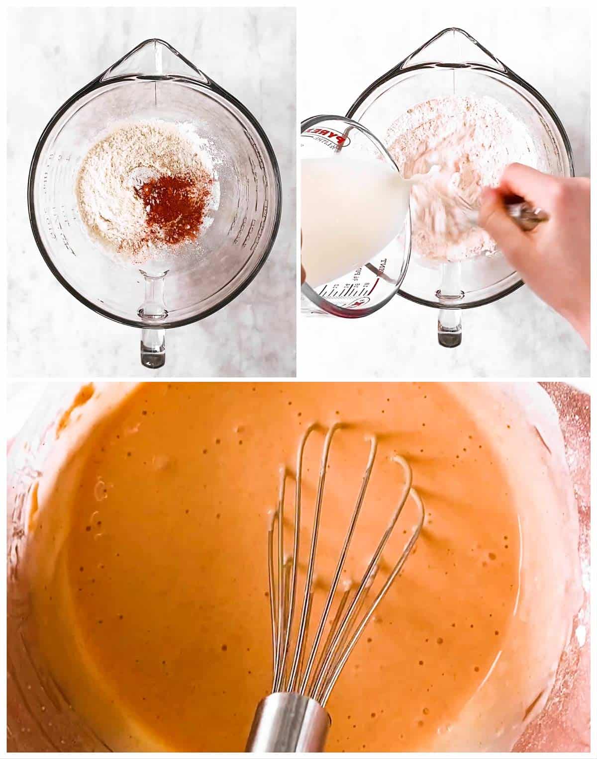 photo collage to show how to make batter for buffalo cauliflower