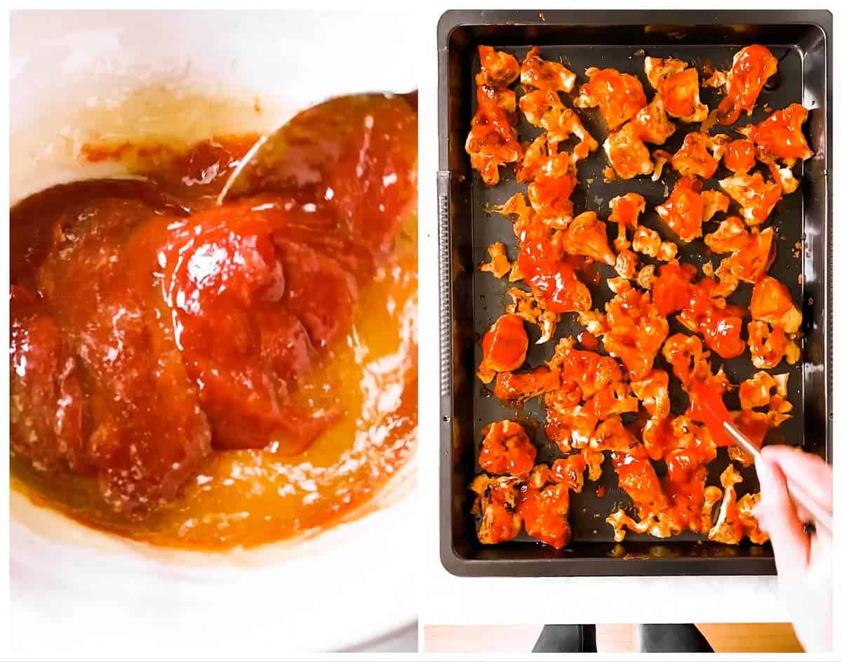 photo collage to show how to brush buffalo sauce on baked cauliflower