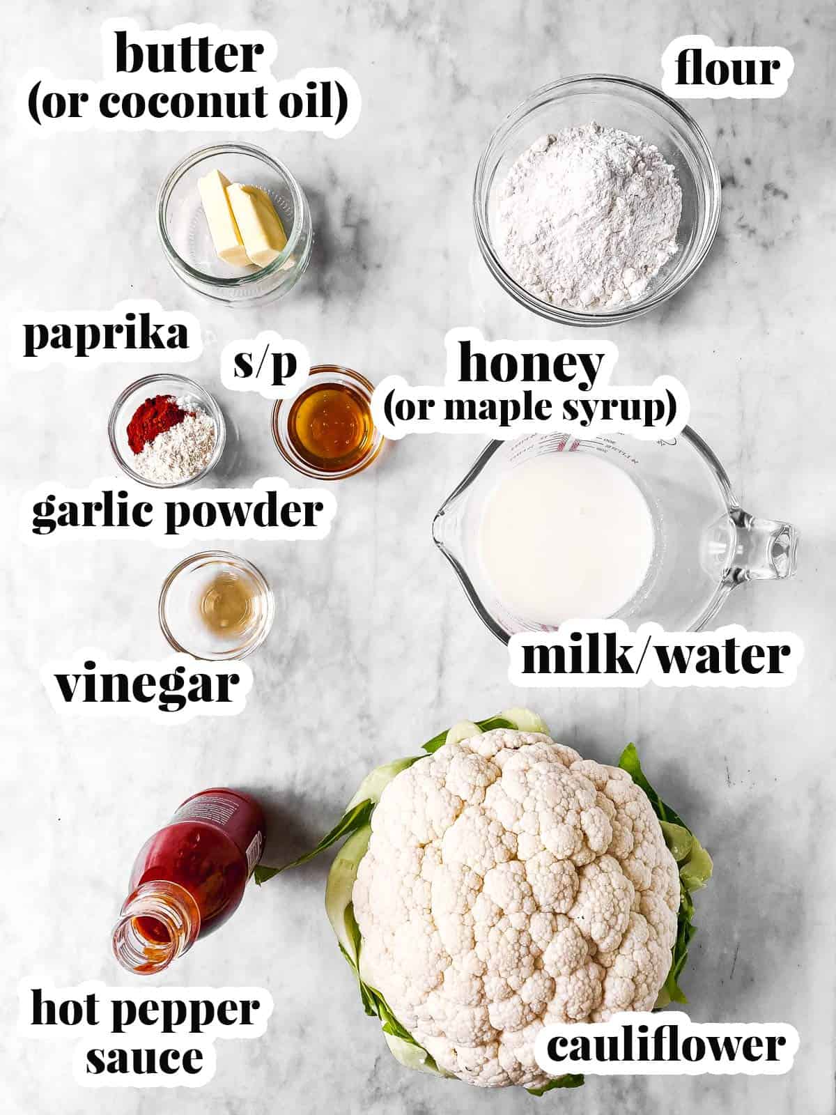 ingredients for buffalo cauliflower wings with text labels